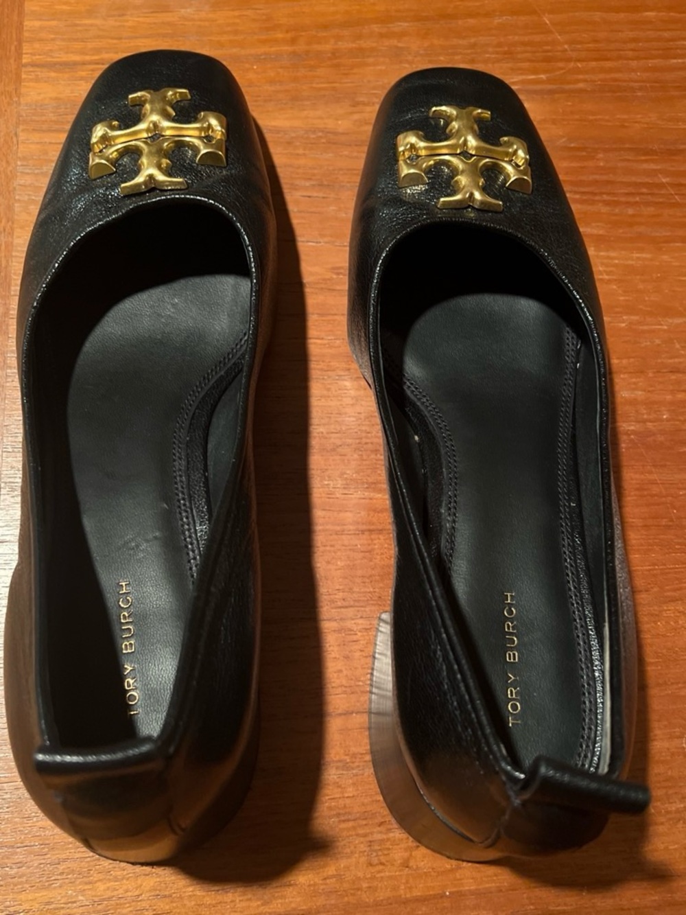 Tory Burch Black Leather Square-Toe Flats with Gold Logo Emblem